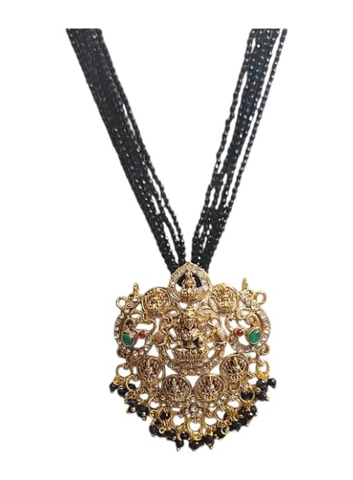 NANDANA COLLECTIONS Glittering short Temple Jewellery 3D Black AstaLakshmi Stone Pendant GoodQuality 2mm Black 5 Line HYDRO Crystal Chain Offer Adjustable size festival wear