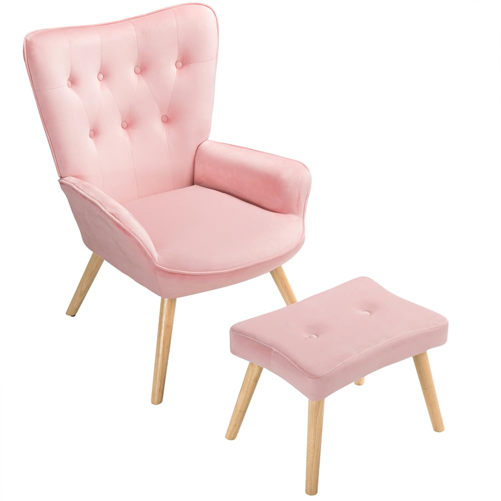 BAKAJI Poltrona con Sgabello da Soggiorno, Poltroncina con Pouf Poggiapiedi da Salotto, Sedia per Camera da Letto Imbottita con Rivestimento in Velluto Morbido, Braccioli Alti, Design Moderno (Rosa)