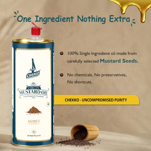 Image of Chekko Cold Pressed Mustard Oil 1 litre | Kachi Ghani Yellow Mustard Oil | Wood Pressed Edible Cooking Oil for Frying, Pickles, Sauteing & Traditional Indian Cooking | Natural Unrefined Mustard Oil Bulk Pack