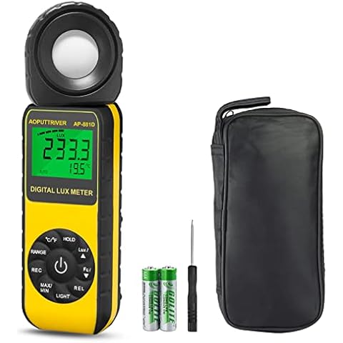 AOPUTTRIVER AP-881D Digital Illuminance Light Meter, Measure Range Up to 400,000Lux(0.01~40,000 FC), Handheld Light Meter with 270º Rotated Sensor and Backlight for Foot Candles, Plants, LED Lights Cover