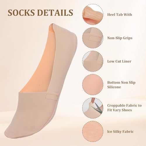 6 Pairs Thin No Show Socks Womens, Non Slip Invisible Nylon Sock for Women,No Show Socks Womens for Flats Loafers,Low Liner Sock with Pads (3 Nude+3 Black)2