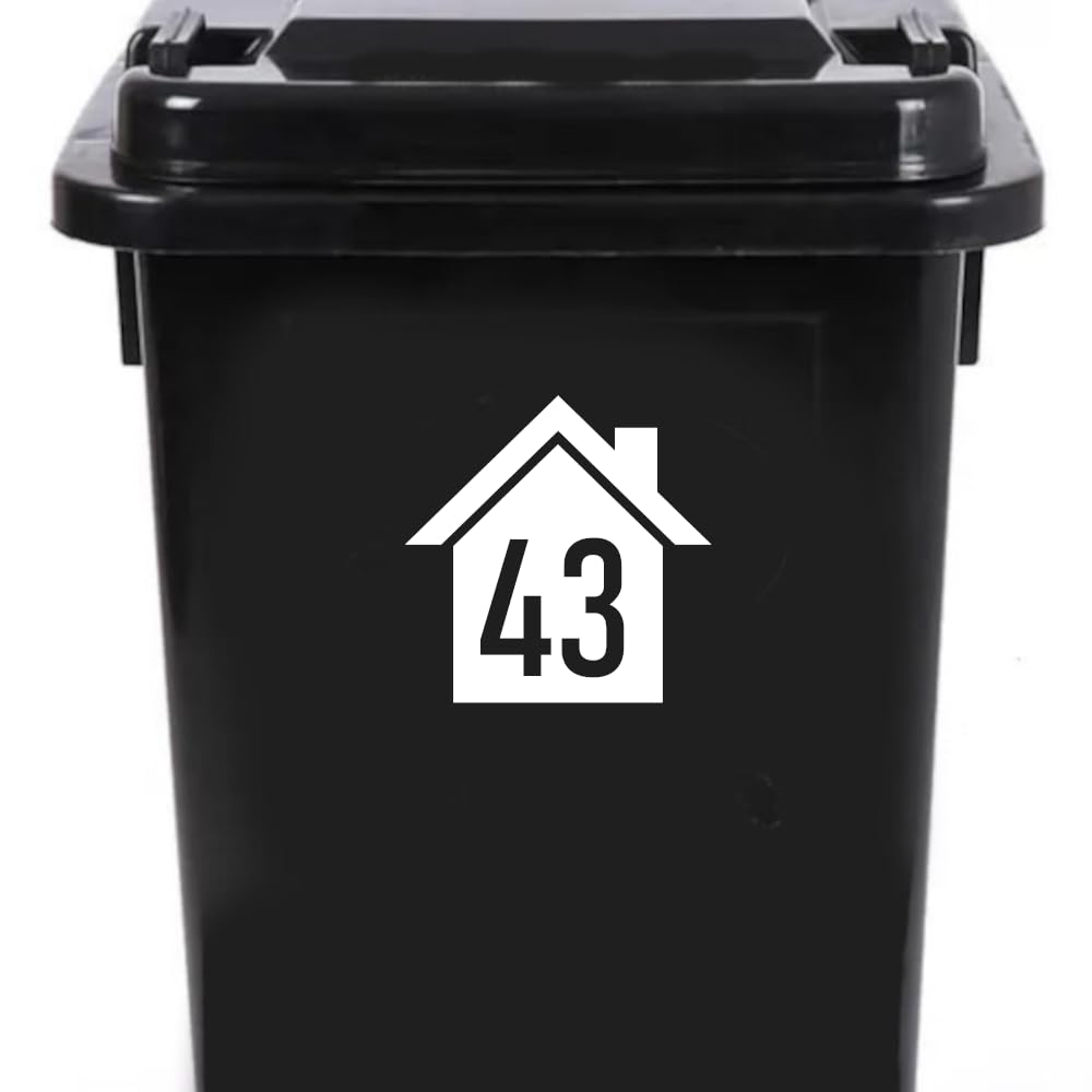 4 Pack House Number 43 Silhouette Waterproof Wheelie Bin Stickers 14cm x 14cm (5.5" x 5.5") - Waterproof Vinyl Decal - Long Lasting - Easy to Clean (43, White) — image 1