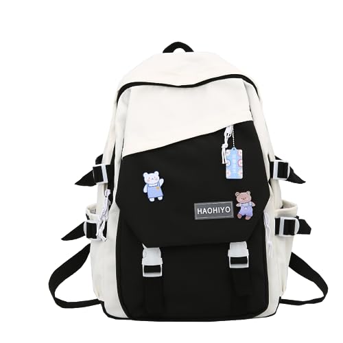 Kawaii Backpack Large Capacity Cute Women Backpack with Pins Waterproof Nylon Travel Bag Men Solid Color Backpack (Black)