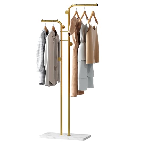 HOMEFORT Coat Rack, Freestanding Metal Coat Racks, Double-pole Clothes Hat Stand with 5 Hooks for Closet, Bedroom, Entryway, Living Room, Gold