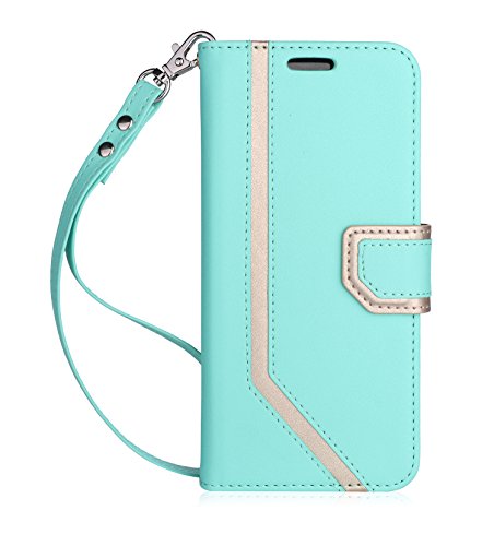 FYY Leather Case with Mirror for Samsung Galaxy S8 Plus, Leather Wallet Flip Folio Case with Mirror and Wrist Strap for Samsung Galaxy S8 Plus Mint Green