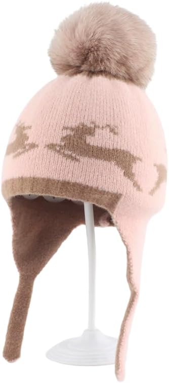 Kids' Deer Print Knit Hat, Animal Ear Flap Beanie with Adjustable Chin Strap, Winter Skull Cap for Boys & Girls