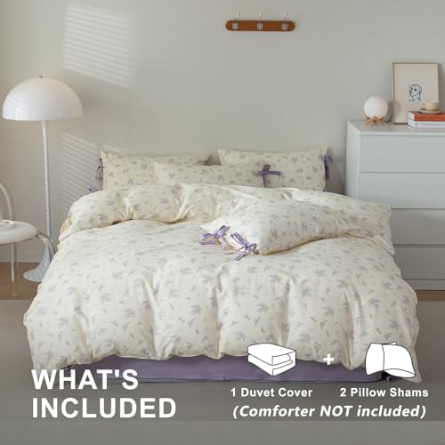 Image of VM VOUGEMARKET Purple Flower Duvet Cover Set Twin 3 Pieces Girls Cottagecore Bedding Set 100% Cotton Lilac Floral Comforter Cover with Zipper Closure,Vintage Country Bedding-Lavender,68x86 Inch