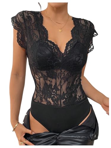 MakeMeChic Women's Lace Bodysuit Date Night Romper Deep V Neck Lace Tops Bodysuit Lace Black Medium