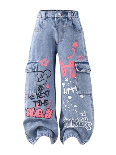 WDIRARA Toddler Girl's Graphic Baggy Jeans High Waisted Wide Leg Denim Cargo Pants with Pockets