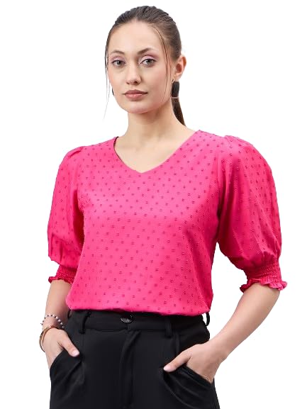 style quotient Womens Solid V-Neck Puff Sleeve Top-picture-36