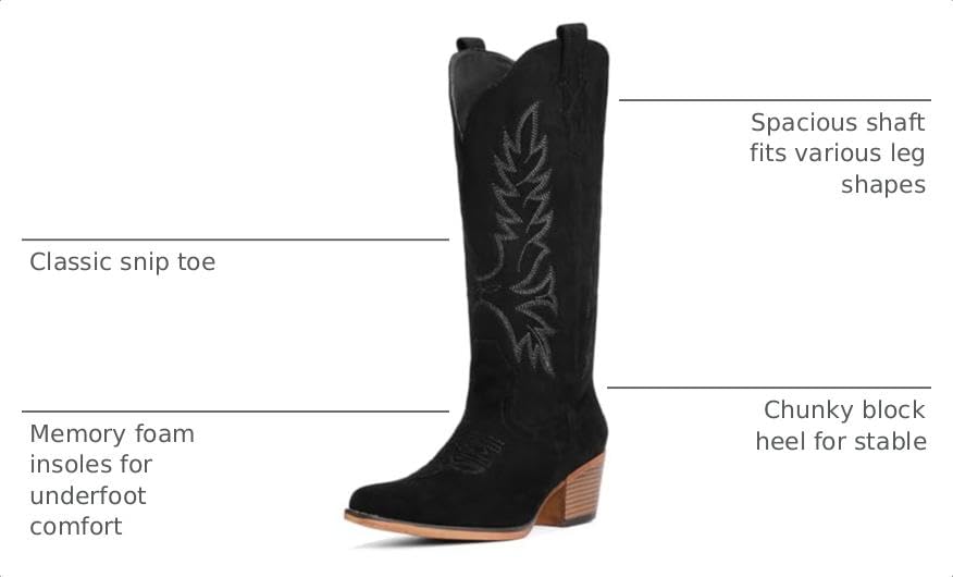 Image of Suede Cowboy Boots for Women Mid Calf Western Cowgirl Boots | Retro Embroidered Snip Toe Chunky Heel Western Boot for Country Concert Music Festival Cowboy Chic