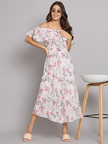 Image of HELLO DESIGN Women Off-Shoulder Floral Printed Georgette A-line Maxi Dress