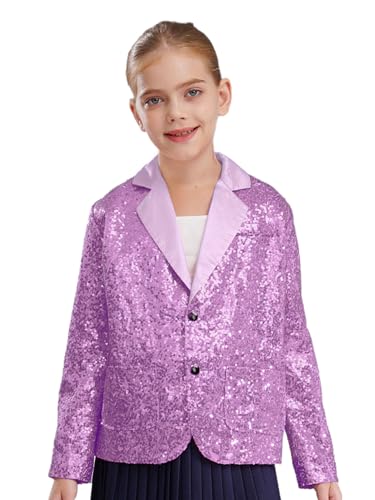 Hularka Kids Girls Sparkle Sequins Long Sleeve Blazer Jacket Wedding Evening Party Dance Button Down Formal Dress Suit
