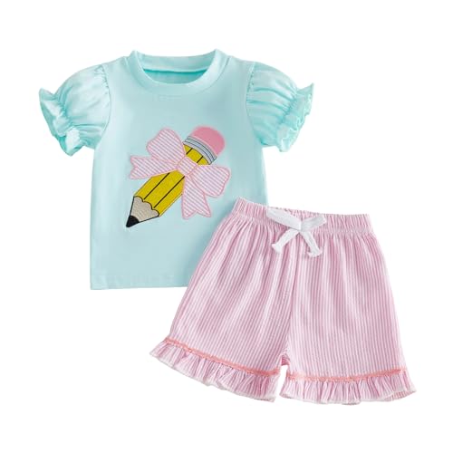 Summffie Toddler Baby Girl Summer Clothes Short Sleeves T-Shirt Tops and Ruffled Shorts Set Cute Summer Outfits 2Pcs (Back to School Pencil Embroidery Pink 3-4T)