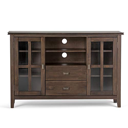 Simpli Home Artisan SOLID WOOD Universal Tall TV Media Stand, 53 inch Wide, Contemporary, Storage Shelves and Cabinets with Glass Doors, for Flat Screen TVs up to 60", Natural Aged Brown