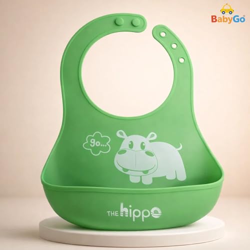 Image of BabyGo Silicone Baby Bib for Feeding & Weaning Infants & Toddlers |Waterproof, Washable & Reusable | Adjustable Neckline, Lightweight & Foldable Bib with Deep Food Catcher Pocket |Green (Pack of 1)