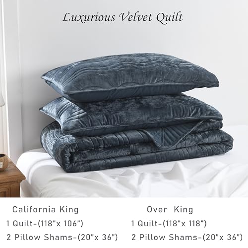 Image of Velvet Oversized King Quilt Set, California King Comforter Set Stormy Blue Bedding Set (118 inch*118 inch) with 2 Pillow Shams, Luxurious Quilt Set,All-Season 3 Pieces