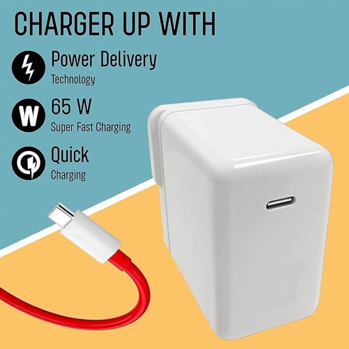 Image of Original 65W Super Fast Charger with USB Type-C to Type-C Cable Compatible with OnePlus 10, 10 Pro, 10T Ultra-Rapid Charging with Smart Power Delivery