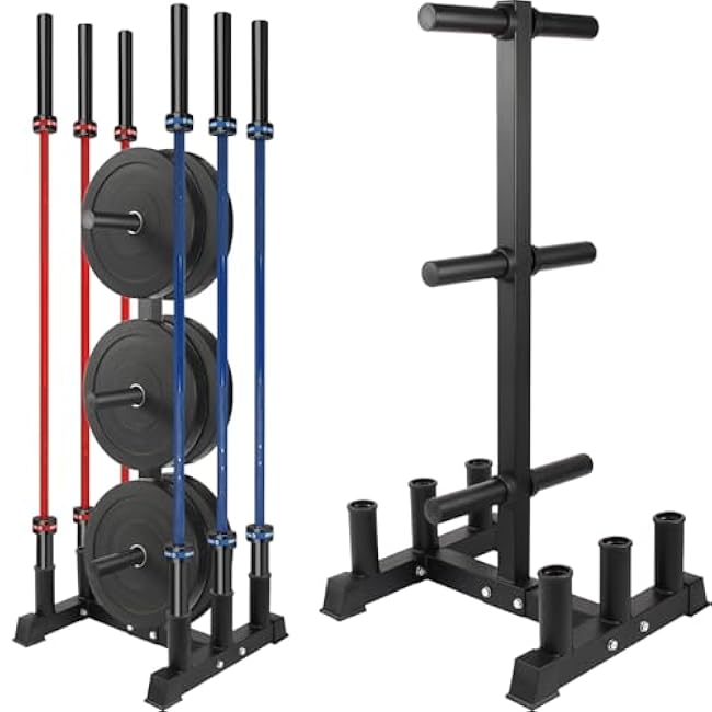 Olympic Weight Plate Rack Plate Trees for Bumper Plate Storage, 2 Inch Weight Plate Tree and Vertical Barbell Holder for Home Gym, 4-Pegs 6-Pegs Olympic Weight Tree, Capable of Holding Up to 880LB