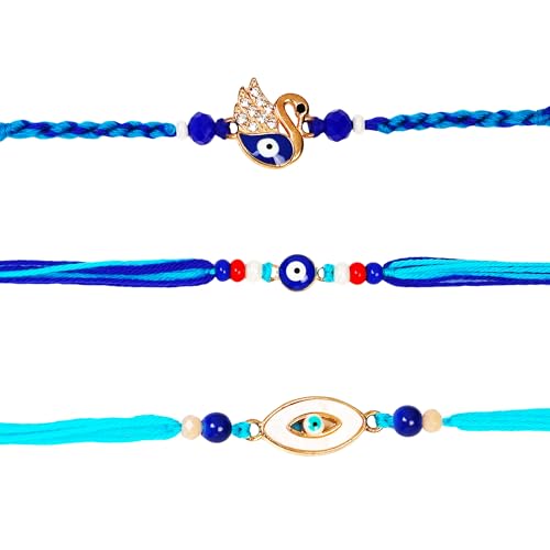 Raksha Bandhan Premium Set of 3 Evil Eye Rakhi for Brother with Raksha Bandhan Greeting Card & Roli Chawal Tika | Designer Evil Eye Rakhi for Small Brother | Evil Eye Elephant Rakhi for Bhaiya Brother
