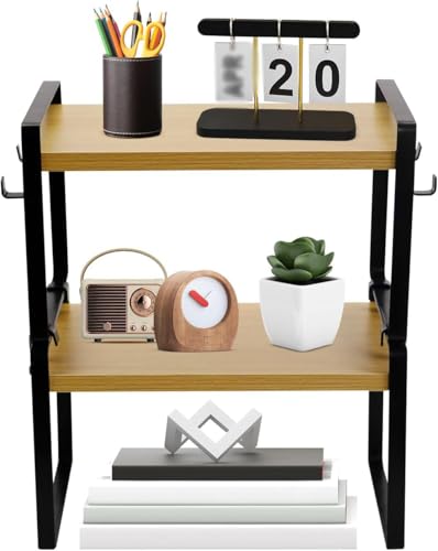 Estantería industrial de madera con marco de metal, moderna solución de almacenamiento de 2 niveles para sala de estar, dormitorio, oficina, cocina, elegante estantería con acabado de roble