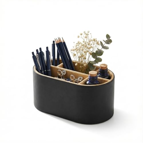 KINGFOM 多機能 デスク周り 収納 ボックス レザー調 【5区画仕切り】 ペン立て 小物入れ リモコン 収納 卓上整理ケース オフィス ホーム (ブラック)