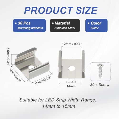 Image of PATIKIL LED Strip Clips, 30pcs Stainless Steel Mounting Brackets Fixing Clip Clamp Support Holder with Screws for 14mm to 15mm LED Strip Lighting Cable