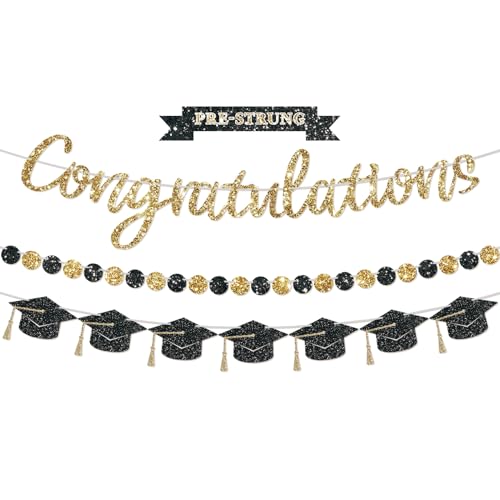 Pre-Strung Congratulations Banner 2026 Graduation Banners Class of 2026 Black Gold Glitter Congrats Grad Party Decor College High School Graduation Party (NO-DIY)
