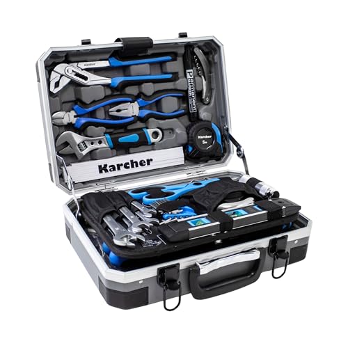 Karcher - Maletín de herramientas (114 piezas, acero al carbono y acero al cromo vanadio, con martillo, destornillador, llave de vaso, juego de puntas, linterna, etc.)