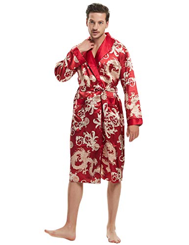 Lowest Price Haseil Men's Satin Robe Dragon Chinese Silk Spa Long Sleeve House Kimono Bathrobe, WineRed, TagsizeXL=USsizeM