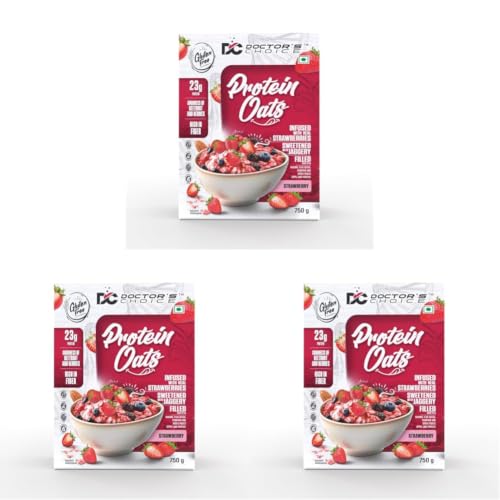 Image of Doctors Choice High Protein Oats 750g | 24g Protein Oatmeal | Natural Strawberrry Flavour | No Added Sugar | Gluten Free | High Fiber Healthy Breakfast Oats (Pack of 3)