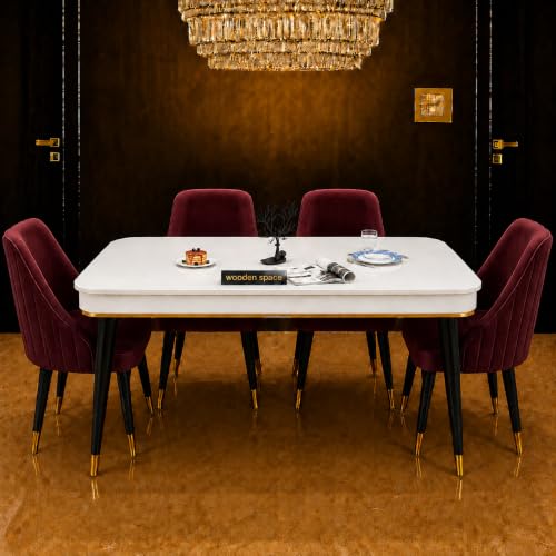 Image of WOODEN SPACE 4 Seater Wooden Dining Table Set | Urban Marble Top Dining Table with Chairs for Dining Room & Kitchen (Modern Infinity Maroon) (54 x 36 x 30 inch)
