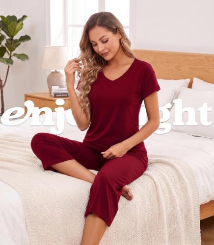 Image of ENJOYNIGHT Womens Pajama Sets Cotton Pj Set Short Sleeve Top With Capri Pants Sleepwear 2 Piece Lounge Set