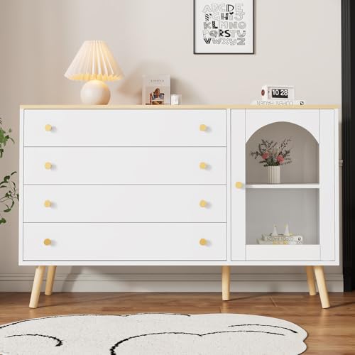 JYYQ Armario Auxiliar Cajonera CóModa con 4 Cajones Y Puertas con Vidrio,Cajonera Madera Piernas De Mesa Equipadas con Madera,Sala De Estar,Pasillo,MarróN RúStico. ﻿