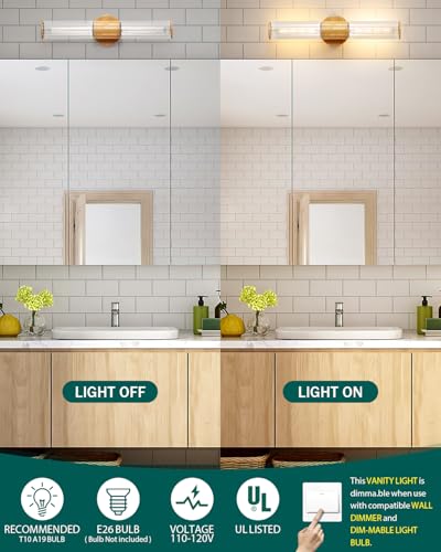 Image of Bathroom Vanity Lighting Fixture, 2-Light Wood Grain Wall Sconce Light Fixture with Clear Glass, E26 Socket Indoor Wall Lamp, Modern Wall Sconce for Mirror Living Room