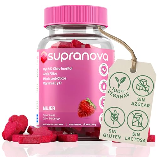 Gominolas de Inositol de alta concentración para mejorar la salud hormonal femenina (60 gummies). Gomitas con D-Chiro y Myo Inositol, ácido fólico y probióticos. Sin azúcar y 100% veganas