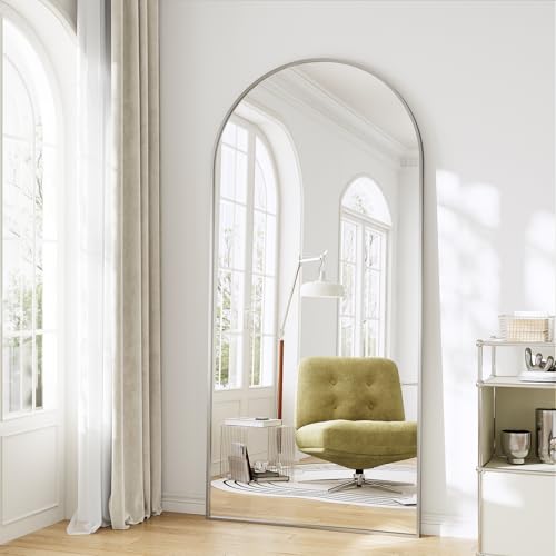 Image of Oversized Full Body Mirror 30x71 inch Arched Full Length Mirror with Stand Aluminum Wall Mounted Hanging or Leaning Standing Mirrors,Silver