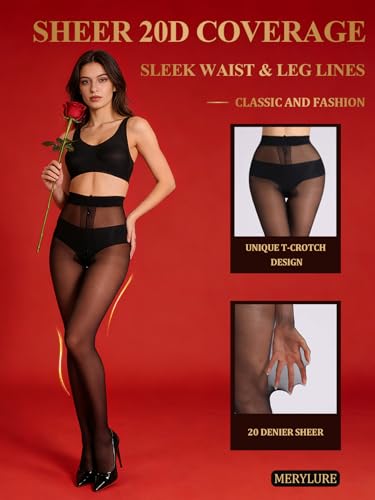 Image of MERYLURE 20D Sheer Black Tights for Women, T-Crotch Ultra Thin Pantyhose High Waist Stockings Reinforced Toes 2 Pairs