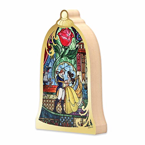 Image of Disney Beauty and The Beast Stained Glass Shelf Sitter Decor | Chunky Wood Tabletop Decoration Featuring Belle and the Beast