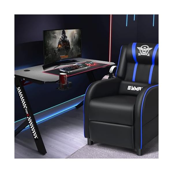 Gymax gaming recliner massage gaming chair wadjustable footrest remote control side pocket ergonomic game lounge chair racing style single theater seat game sofa for adults blue  urban country home decor