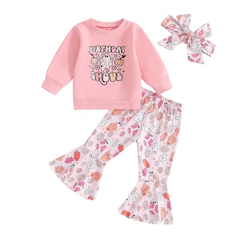 Kayotuas Toddler Baby Girl Halloween Outfit Pumpkin Ghost Sweatshirt Top and Bell Bottom Flare Pants Cute Fall Clothes Set
