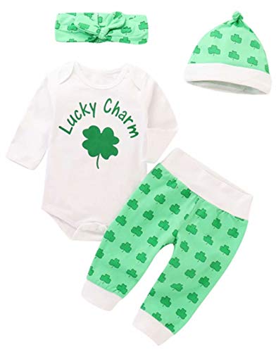Baby Boys Girls Lucky Charm Leaf Romper+Pants+Cap+Headband 4Pcs St. Patricks Day Outfits Size 3-6Months/Tag70 (Green)