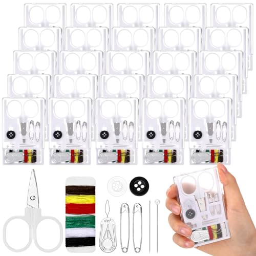 Knitgrip 25 Boxes Mini Travel Sewing Kit Quick Fix Sewing Kits Bulk Basic Portable Pre Threaded Needle Emergency Repair Tool for Adults DIY Handcraft Wedding Gifts Beginner Traveler Home Hotel (White)