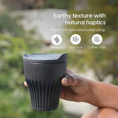 Image of Eha Earth Friendly Rafter Coffee Mug with Lid | Tea Cup Set | 300 ml | Made with Rice Husk | Microwave Safe Mugs for Gifting | 2 Unit | Charcoal