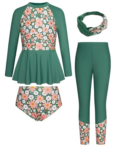 Image of GRACE KARIN Girls Long Sleeve Swimsuit Mermaid Bathing Suit Rash Guard Swimwear 4 Piece Size 5-12