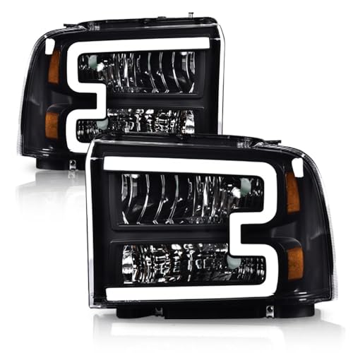 G-PLUS LED DRL Headlights Assembly, Fit For 2005 2006 2007 Ford F250 F350 F450 F550 Super Duty Headlamps Driver and Passenger Side, Clear lens Black Housing Amber Reflector