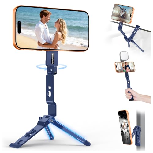 Image of OMOTON TP03 [Ultra-Slim] for MagSafe Tripod, 360 Rotating Magnetic Phone Tripod for iPhone 17 /16 Pro Max Air Women Men, Fold Cell Phone Stand with 1 /4 inch Screw & Hook Fits Vlog, Live, Travel, Blue