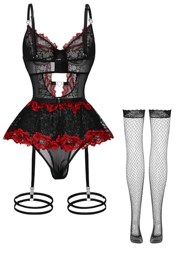 Image of Foxiny Sexy Lingerie Set 3 Piece Women Corset Bodysuit | Sheer Mesh Lace Push-Up Underwire Heart Garter Stocking Plus Size Curvy Exotic Costume Halloween Christmas Valentine's Day