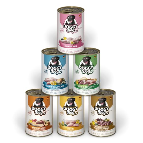 DOGGY Dog Paté Mix 2, 6 x 400 g, Nassfutter für Hunde im Probierpaket, getreidefreies Hundefutter mit Lachsöl und Grünlippmuschel, Alleinfuttermittel mit hohem Fleischanteil, Made in Germany