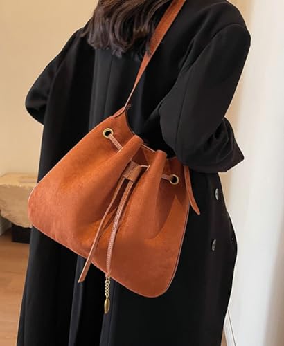 Trendy Drawstring Hobo Shoulder Bag Retro Suede Bucket Purse Causal Travel College Crossbody Bag with Adjustable Strap 20243